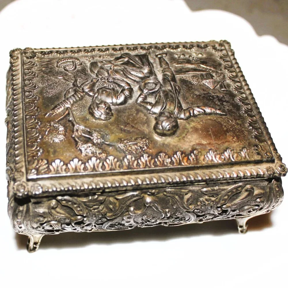 Vintage Japan Silver Jewelry Box Romantic Repoussé Trinket Case with Red Velvet